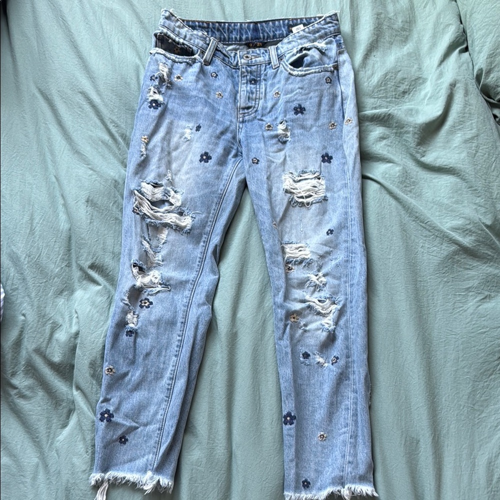 Lucky Brand Light Blue Boyfriend Jeans with Floral Embroidery